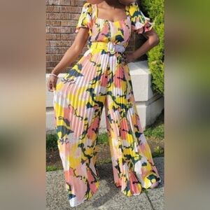 L'ATISTE Yellow Pink Floral Pleated Jumpsuit with Belt